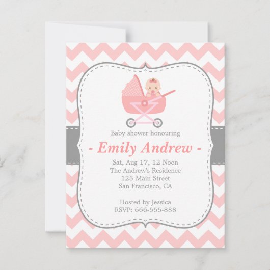 Invitation Chevron rose et blanc de baby shower - avec la (Devant)
