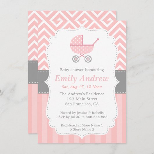 Invitation Chevron rose et blanc, poussette, baby-foot (Devant / Derrière)