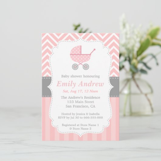 Invitation Chevron rose et blanc, poussette, baby-foot (Debout devant)