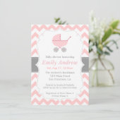 Invitation Chevron rose et blanc, poussette, douche de bébé (Debout devant)
