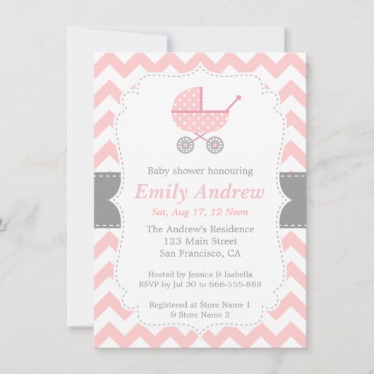 Invitation Chevron rose et blanc, poussette, douche de bébé (Devant)
