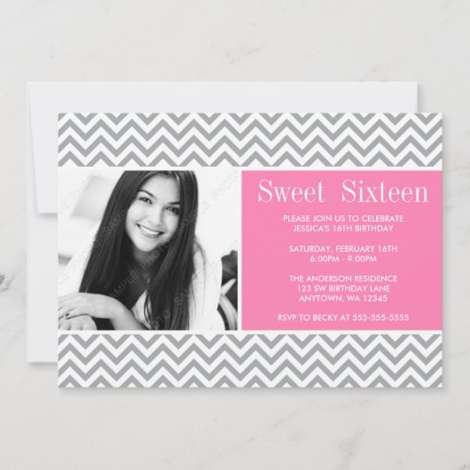 Invitation Chevron rose gris sucré 16 Anniversaire Photo (Devant)