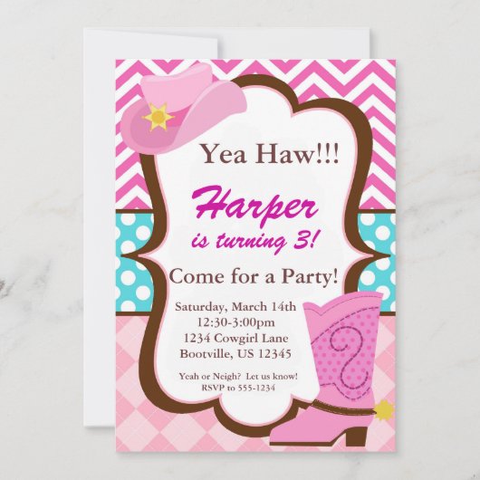 Invitation Chevron rose, points bleus, anniversaire de botte (Devant)