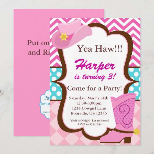 Invitation Chevron rose, points bleus, anniversaire de botte (Devant / Derrière)