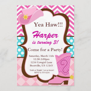 Invitation Chevron rose, points bleus, anniversaire de botte