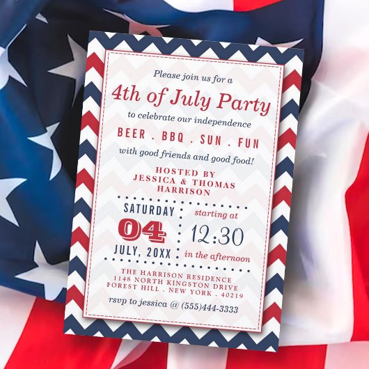 Invitation Chevron rouge, blanc et bleu 4 juillet