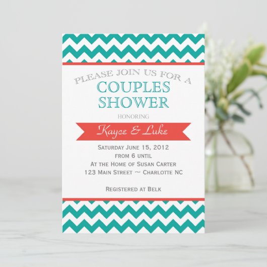 Invitation Chevron Shower Coral and turquoise (Debout devant)