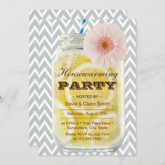 Invitation Chevron Stripes Été Lemonade Fête de chauffage dom (Devant / Derrière)