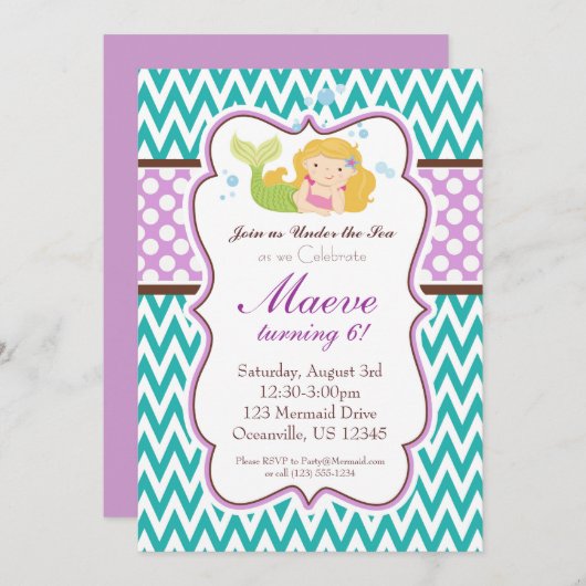 Invitation Chevron turquoise, pourpre pointille (Devant / Derrière)