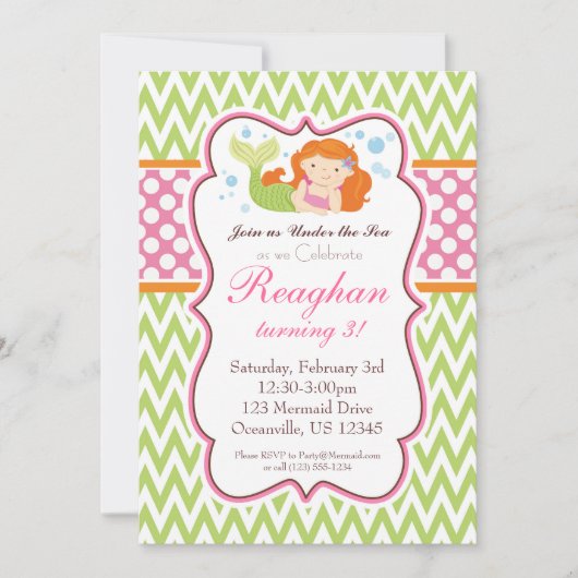 Invitation Chevron vert citron et points roses Mermaid Annive (Devant)