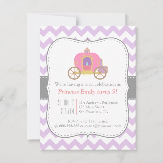 Invitation Chevron Violet, Anniversaire Carrosse Princesse (Devant)