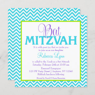 Invitation Chevron violet Turquoise bleu vert Bat mitzvah