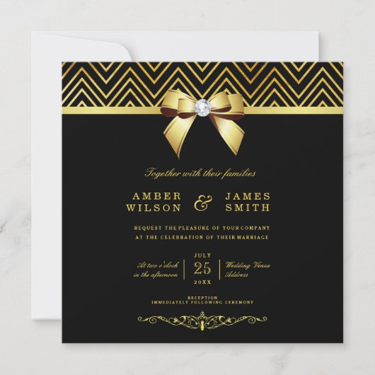 Invitation Chevrons d'or noir classique Mariage de bow diaman (Devant)