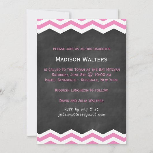 Invitation Chevrons roses sur Chalkboard Bat Mitzva Invitatio (Devant)