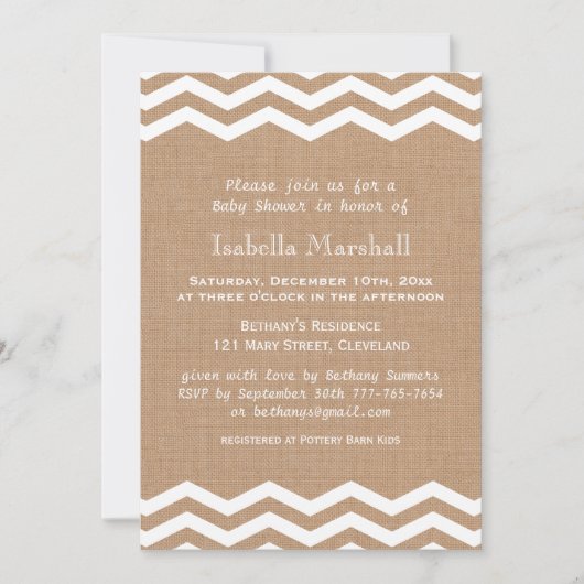 Invitation Chevrons sur l'invitation au Baby shower Burlap (Devant)