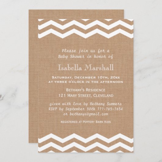Invitation Chevrons sur l'invitation au Baby shower Burlap (Devant / Derrière)