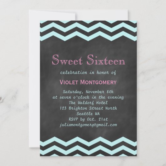Invitation Chevrons Turquoise sur Chalkboard Sweet 16 Invitat (Devant)