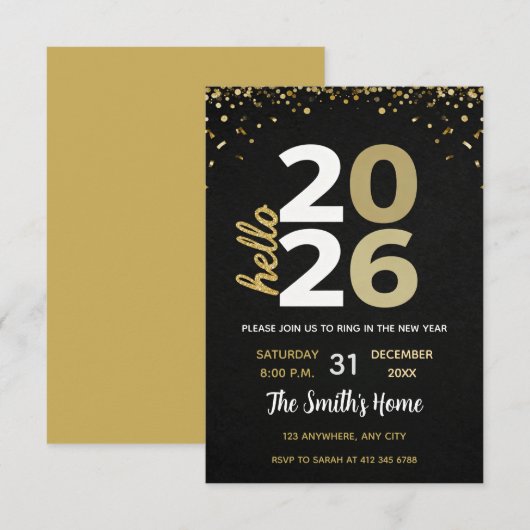 Invitation Chic 2026 New Year' Eve Party Gold Glitter Black (Devant / Derrière)
