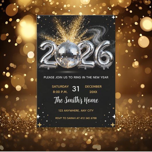 Invitation Chic 2026 New Year' Eve Party Gold Glitter Black