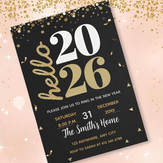 Invitation Chic 2026 New Year' Eve Party Gold Glitter Black