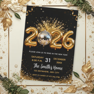 Invitation Chic 2026 New Year' Eve Party Gold Glitter Black