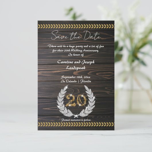 Invitation Chic 20e anniversaire Bois & Or Enregistrer la dat (Debout devant)