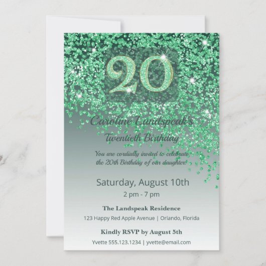 Invitation Chic 20th Birthday Green Glitter (Devant)