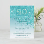 Invitation Chic 20th Birthday Teal Blue Glitter (Debout devant)