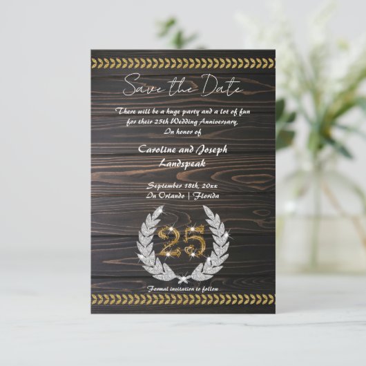Invitation Chic 25e anniversaire Bois & Or Enregistrer la dat (Debout devant)