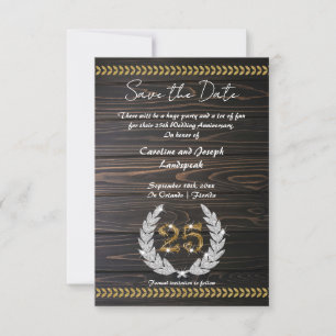 Invitation Chic 25e anniversaire Bois & Or Enregistrer la dat