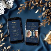 Invitation Chic 2-Photo Twins Graduation Fake Golden Blue