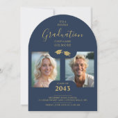 Invitation Chic 2-Photo Twins Graduation Fake Golden Blue (Devant)