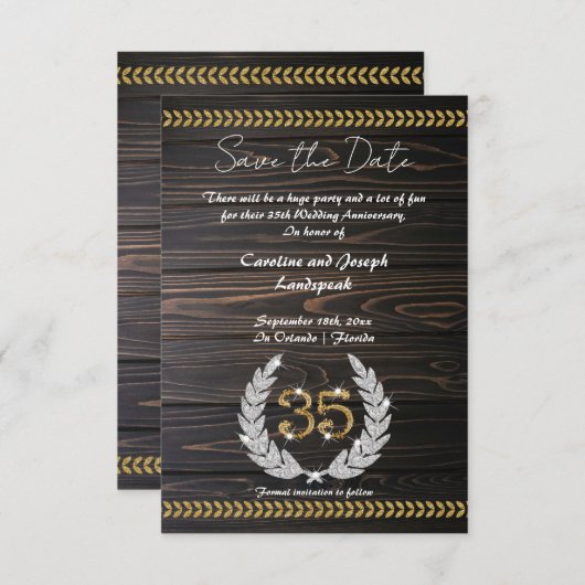 Invitation Chic 35e anniversaire Bois & Or Enregistrer la dat (Devant / Derrière)
