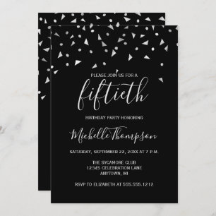 Invitation Chic 50e fête d'anniversaire Noir Argent Confetti