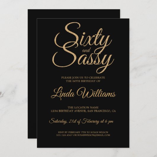 Invitation Chic 60 et Sassy Black Gold 60th Birthday Party (Devant / Derrière)