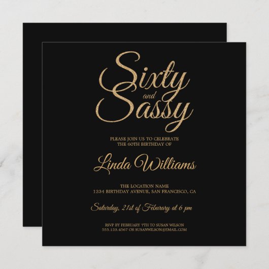 Invitation Chic 60 et Sassy Black Gold 60th Birthday Party (Devant / Derrière)