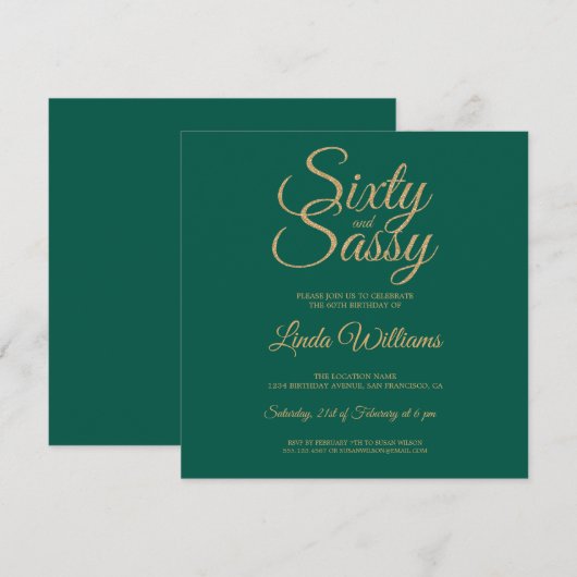 Invitation Chic 60 et Sassy Green Gold 60th Birthday Party (Devant / Derrière)