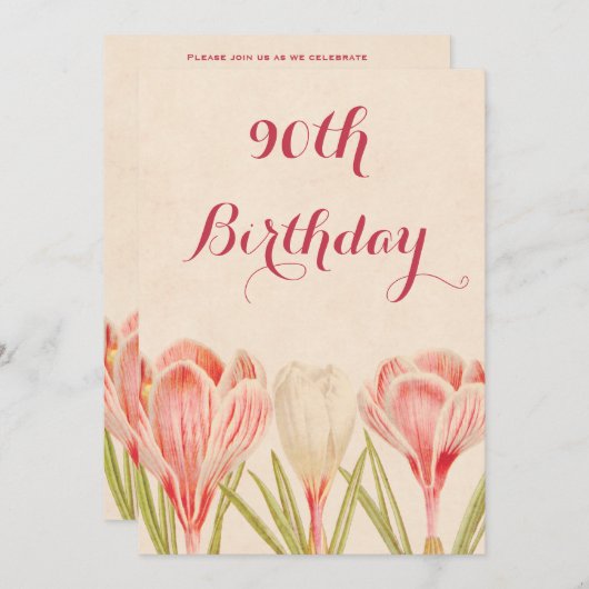 Invitation Chic 90e anniversaire Crocus de printemps (Devant / Derrière)