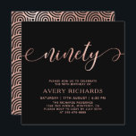 Invitation Chic 90th Rose Gold Script Black 90th Birthday<br><div class="desc">Elégant Chic Chic Black et Rose Gold 90th Birthday Invitation. Ce modèle d'invitation d'anniversaire moderne pour femme présente un texte élégant "quatre-vingt-dix" dans un énorme papier d'or faux rose script de calligraphie manuscrite tourbillonnant (ou typographie) avec la police de queue d'écharpe, détails de la fête en couleur or rose rousse...</div>