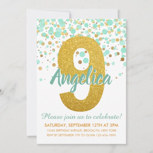 Invitation Chic 9e Anniversaire Monnaie Vert Parties scintill (Devant)