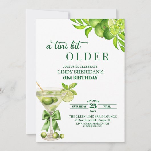 Invitation Chic A Tini Bit Older Lime Martini 61st Birthday (Devant)