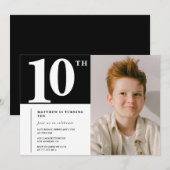 Invitation chic anniversaire 10 ans Noir Blanc Pho (Devant / Derrière)