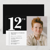 Invitation chic anniversaire 12 ans Noir Blanc Pho (Devant / Derrière)