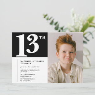 Invitation chic anniversaire 13 ans Noir Blanc Pho