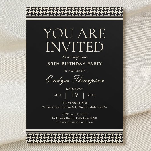 Invitation Chic Anniversaire Surprise 50e Noir blanc cassé