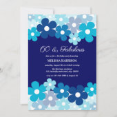 Invitation Chic Aqua Navy Blue Flower 60 Fabuleux anniversair (Devant)