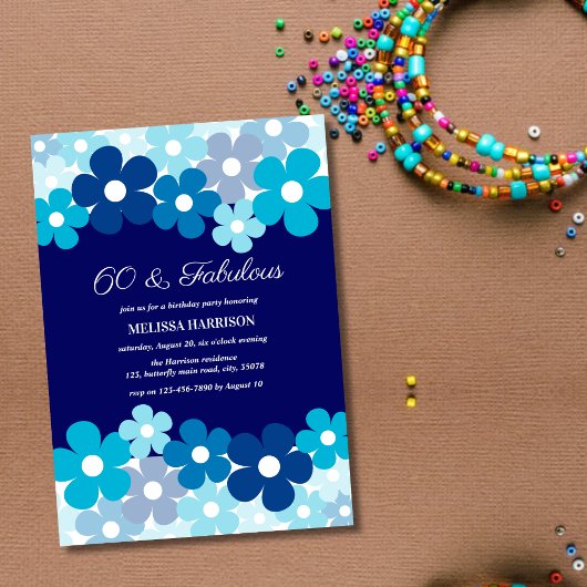 Invitation Chic Aqua Navy Blue Flower 60 Fabuleux anniversair