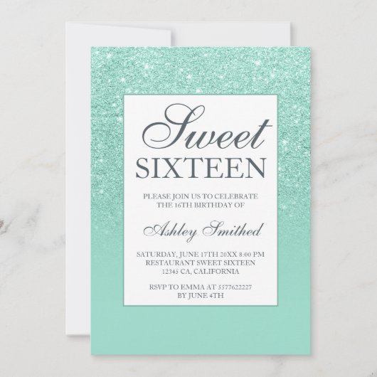 Invitation Chic aqua parties scintillant élégant chic Sweet 1 (Devant)