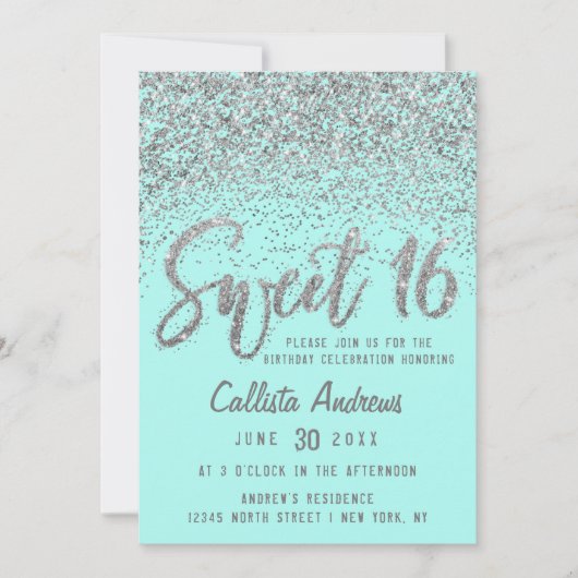 Invitation Chic Aqua Turquoise Argent Parsemé Parties scintil (Devant)