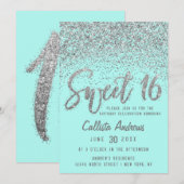 Invitation Chic Aqua Turquoise Argent Parsemé Parties scintil (Devant / Derrière)